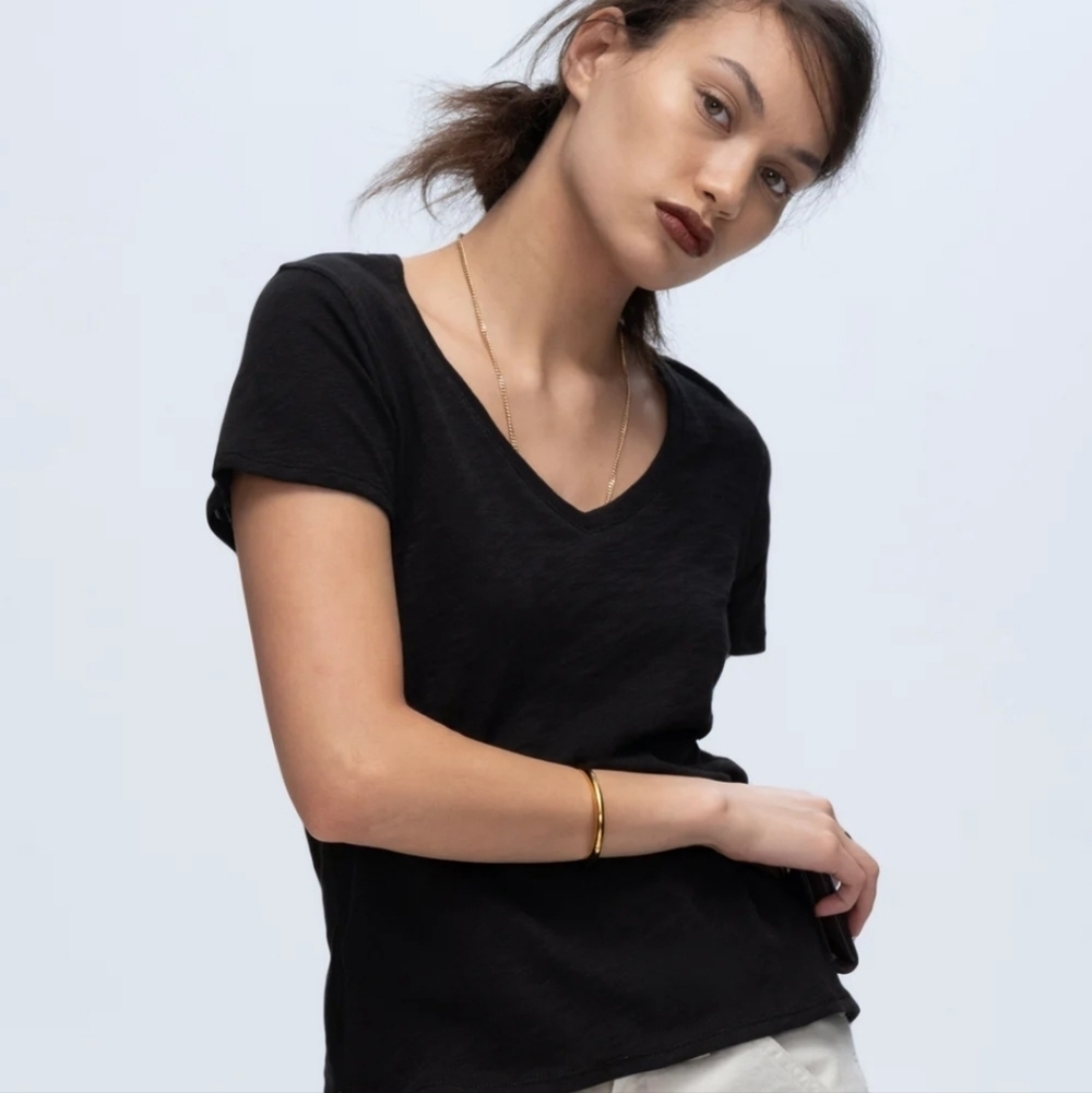 New ATM Slub Jersey Schoolboy V-Neck Short Sleeve Black Tee Small NWT